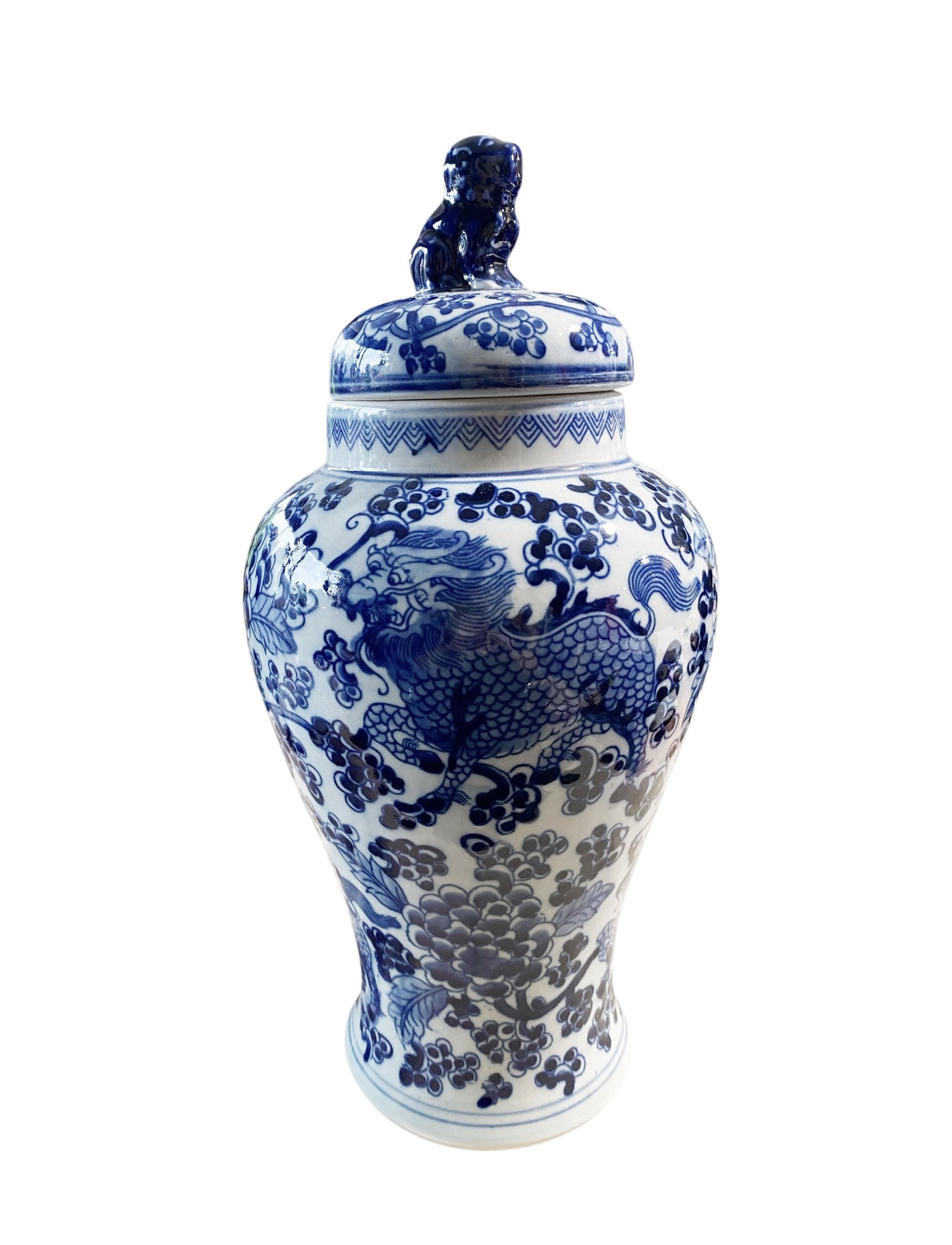 #6476 Chinoiserie Blue and White Porcelain Covered Jar 13" H