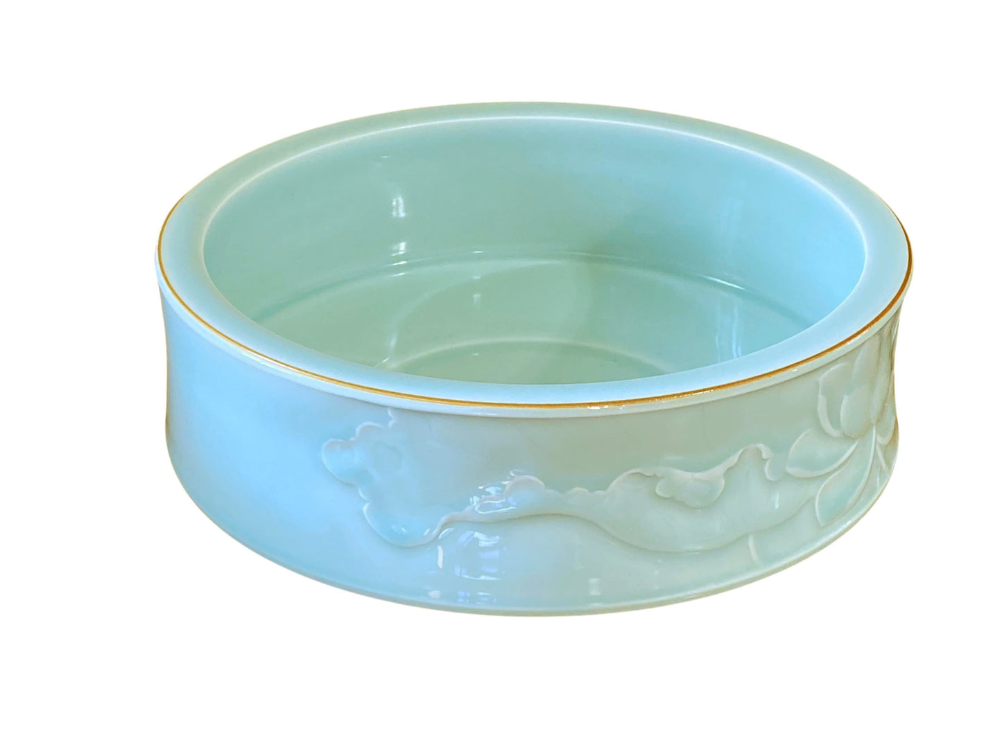 #135 Chinoiserie Hand Carved Celadon Bowl with Lotus Flower 10.25" D