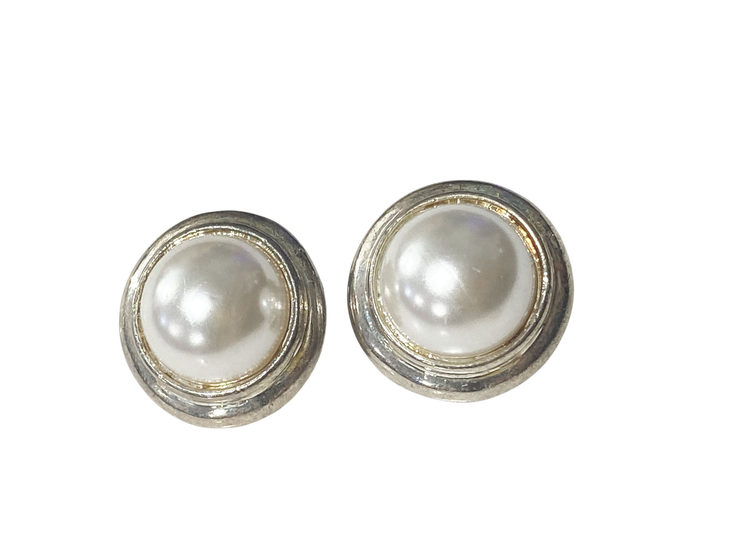 #80 Vintage Faux Pearl Earrings Round Shape Rhinestones Clip On white gold Tone