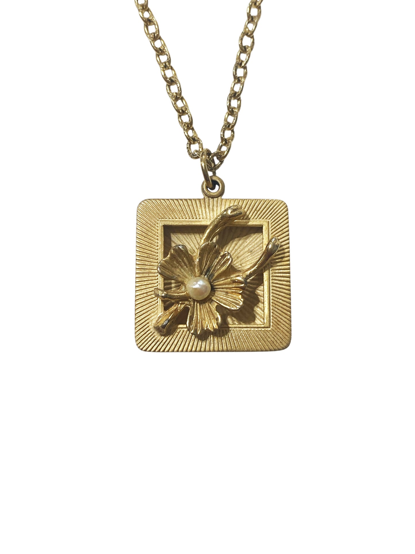 #88 Vintage Gold Tone Square Pendant  and Chain  With Flower