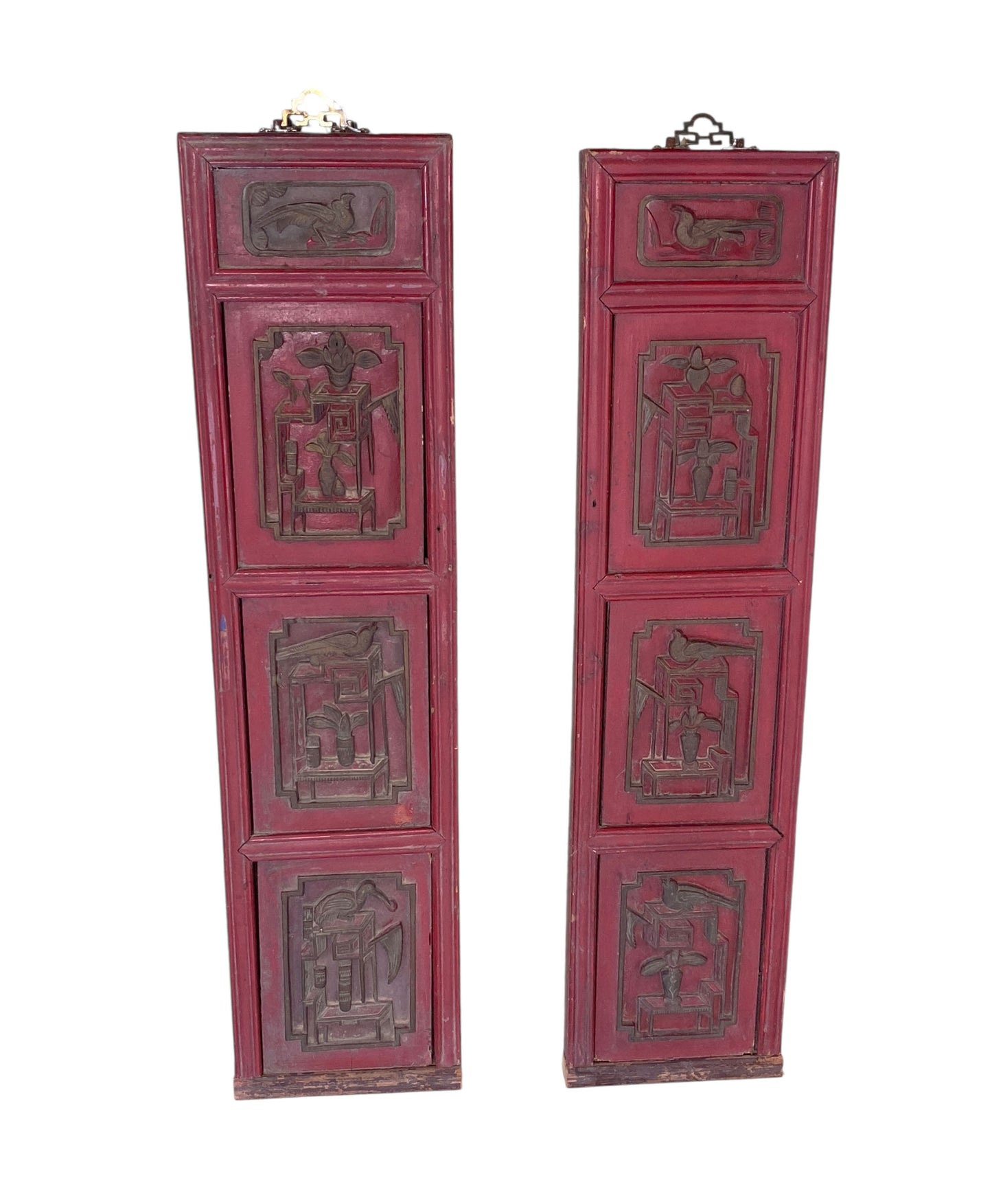 #622/623 Antique Chinoiserie Wall Hanging Set of Two Plaques/Panels Framed 36" H