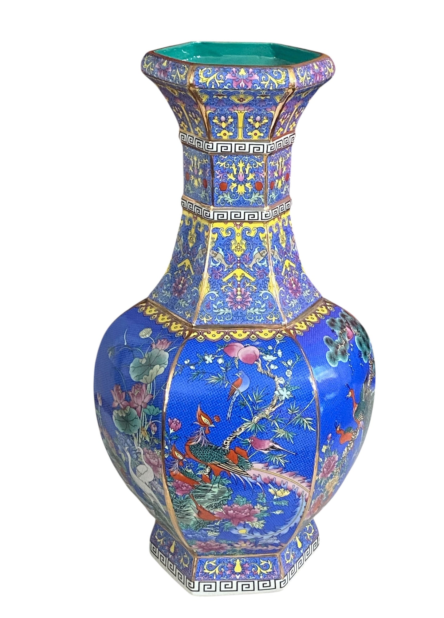 #3684 Chinoiserie Famille Rose Style  Hexagonal Shaped Vase 20.5" H