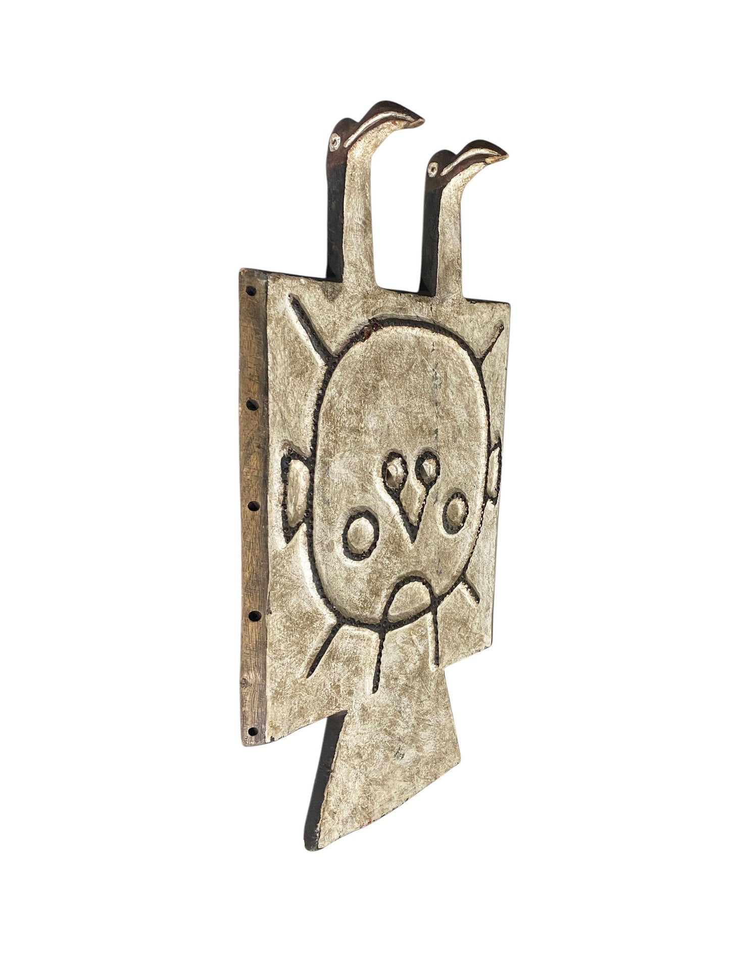 #1177 VTG African Toussian Bird Mask Carved Wood Plank Crest -Burkina Faso 25.5" H