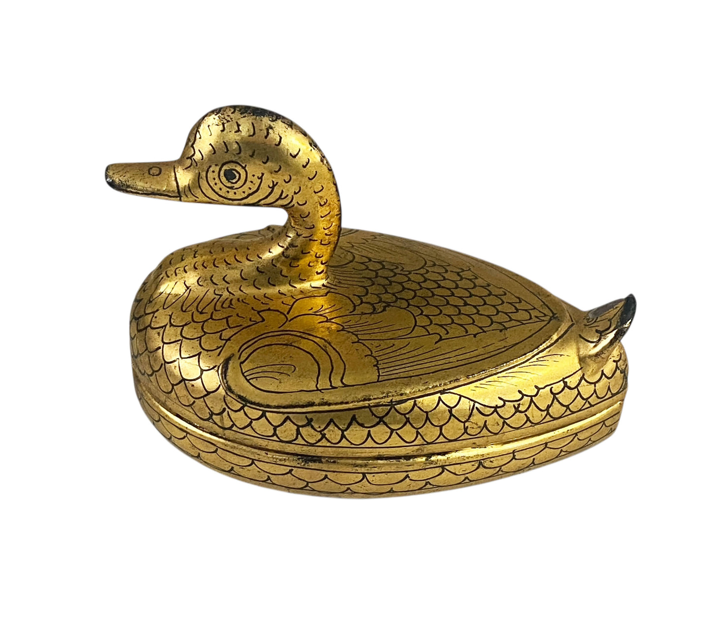 #674 Vintage Burmese Gold Painted Wood Lacquered Duck Trinket Box