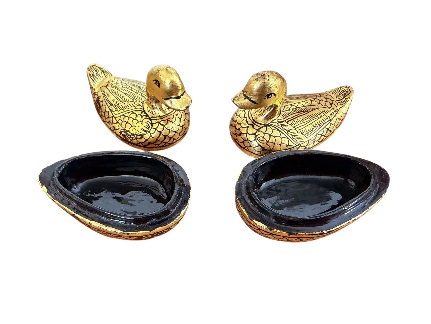 #632 Vintage Burmese Gold Painted Wood Lacquered Ducks Trinket Boxes S/2