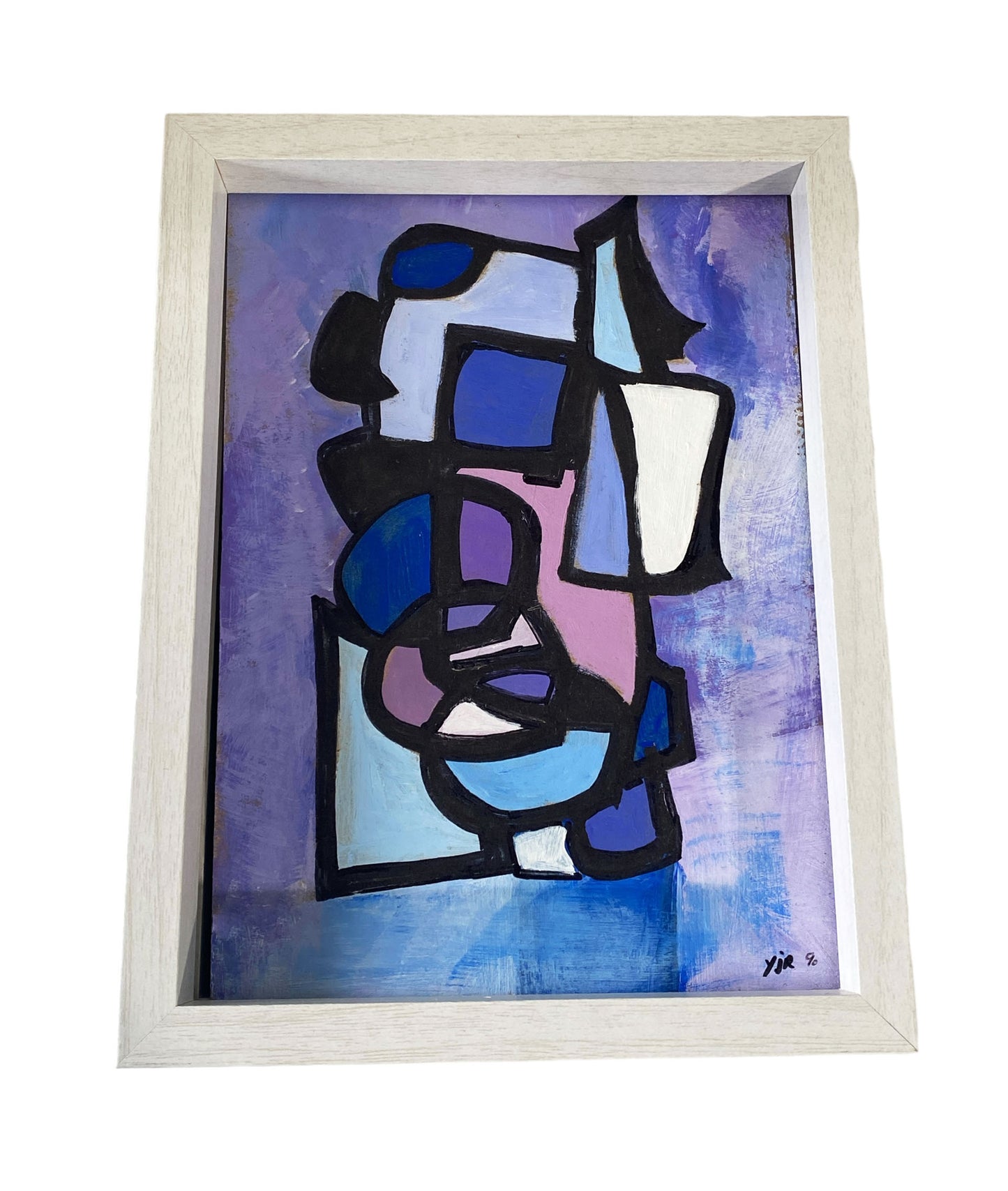 #7162  YJR Abstract Acrylic on Paper Titled les fenêtres Framed 8.5" H