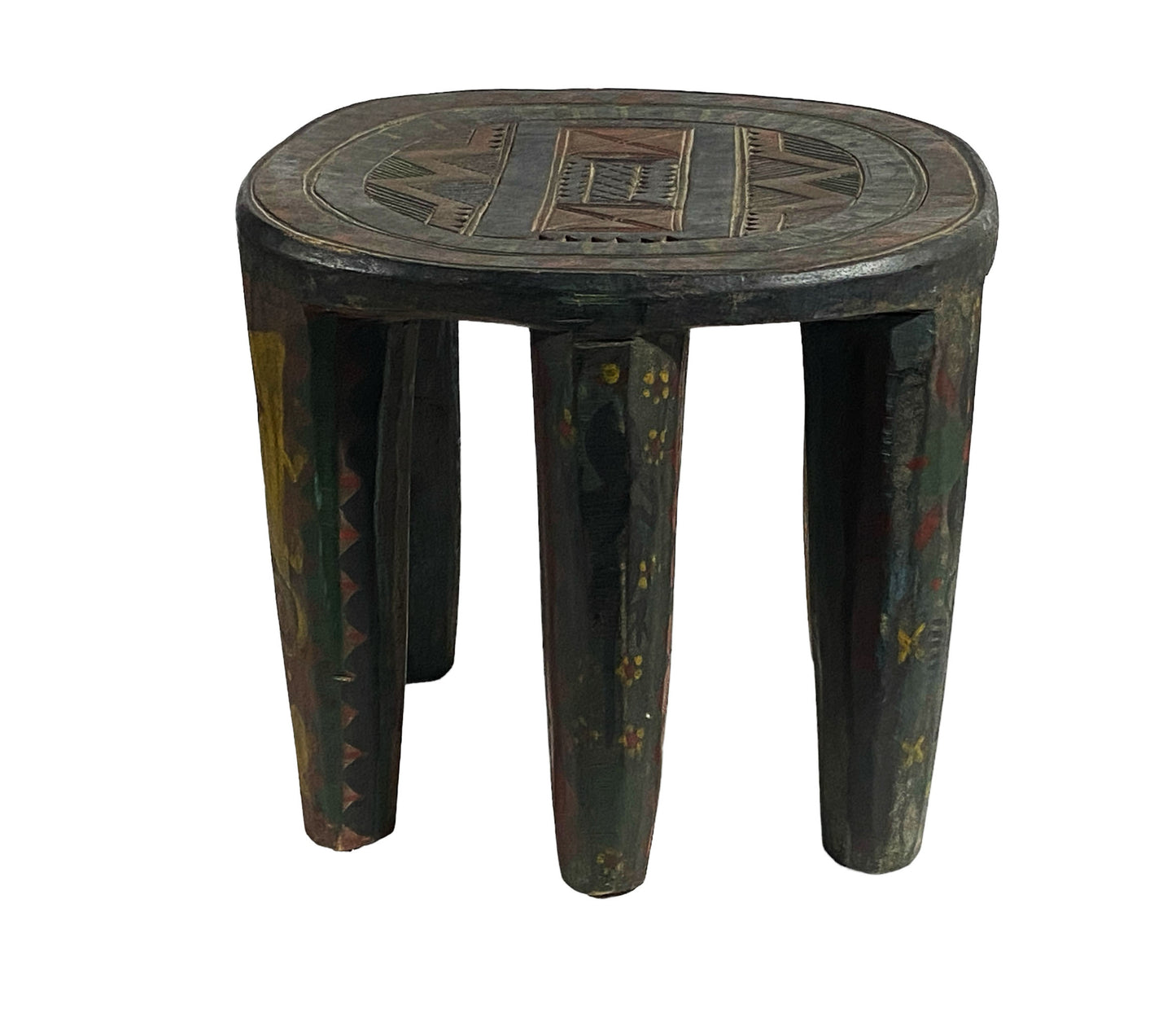 #5546 African LG Colorful  Nupe Stool / Table Nigeria  14" H by 18" W