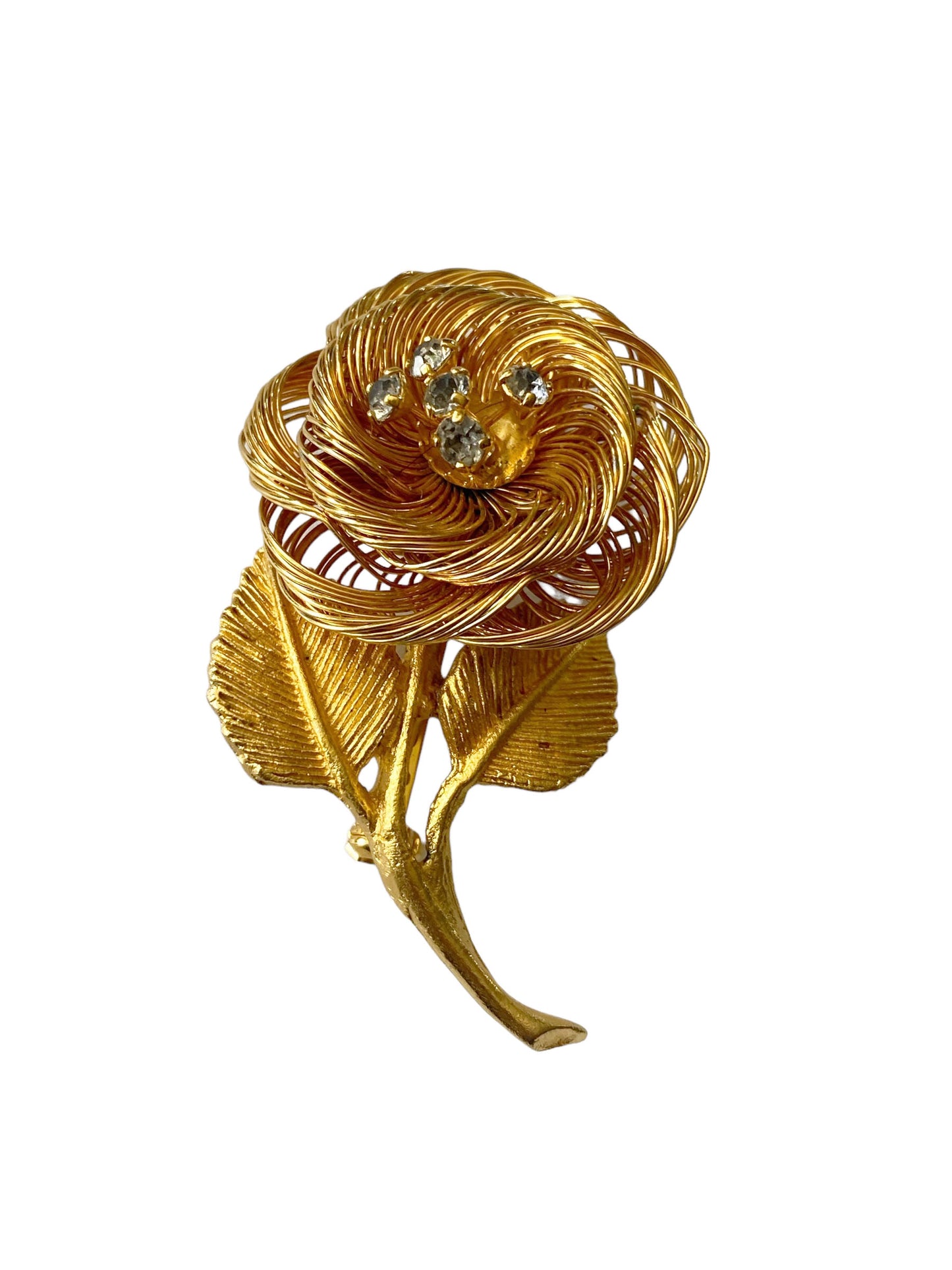 #7231  Vintage Gold Tone Twisted Wire Rose Pin /Brooch 2" H