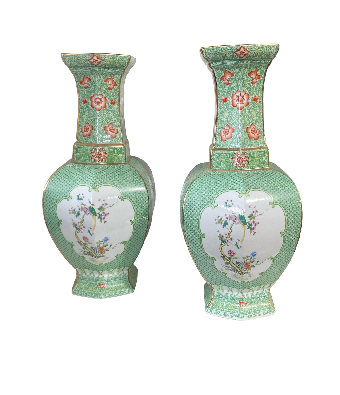 #7245 Chinoiserie Porcelain Famille Verte Style Vases 19.5" H Set Of Two