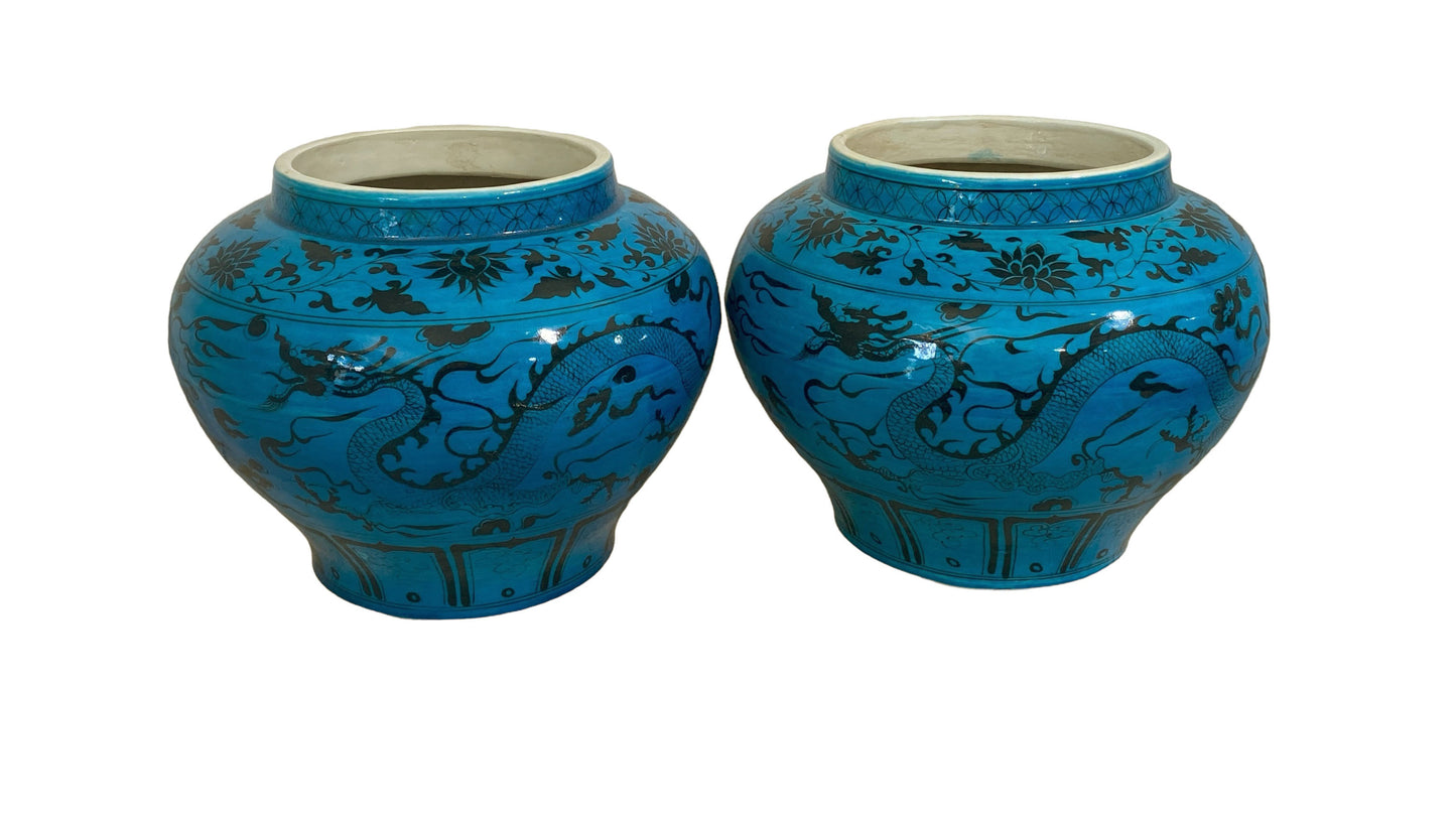 #4819 /6163 Chinese Turquoise Yuan Style  Vases/Cachepots W / Flying Dragons  11" H Set of two