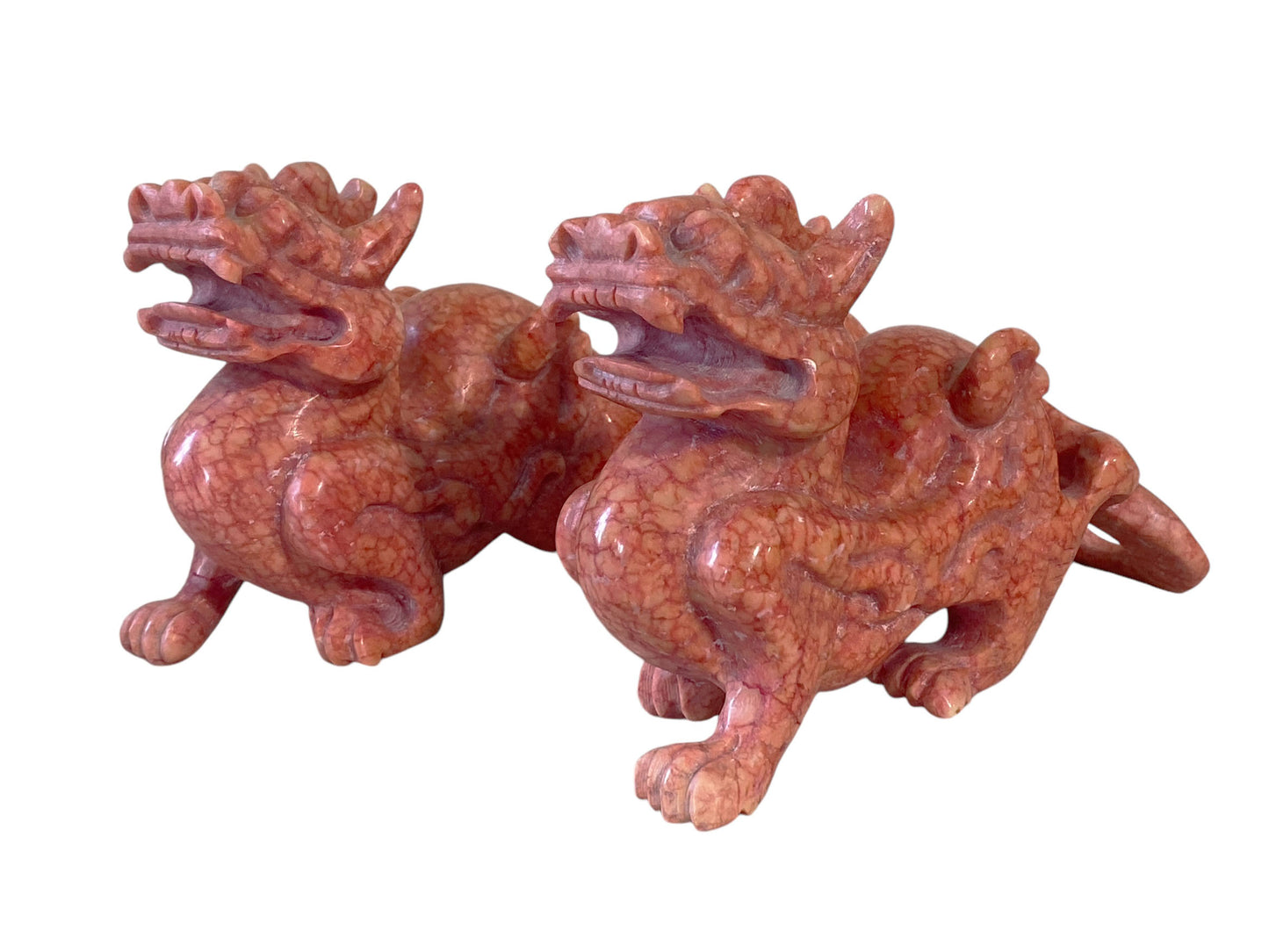 #6221 Vintage Pair of Chinoiserie Coral Soap Stone Foo Dogs  4" H