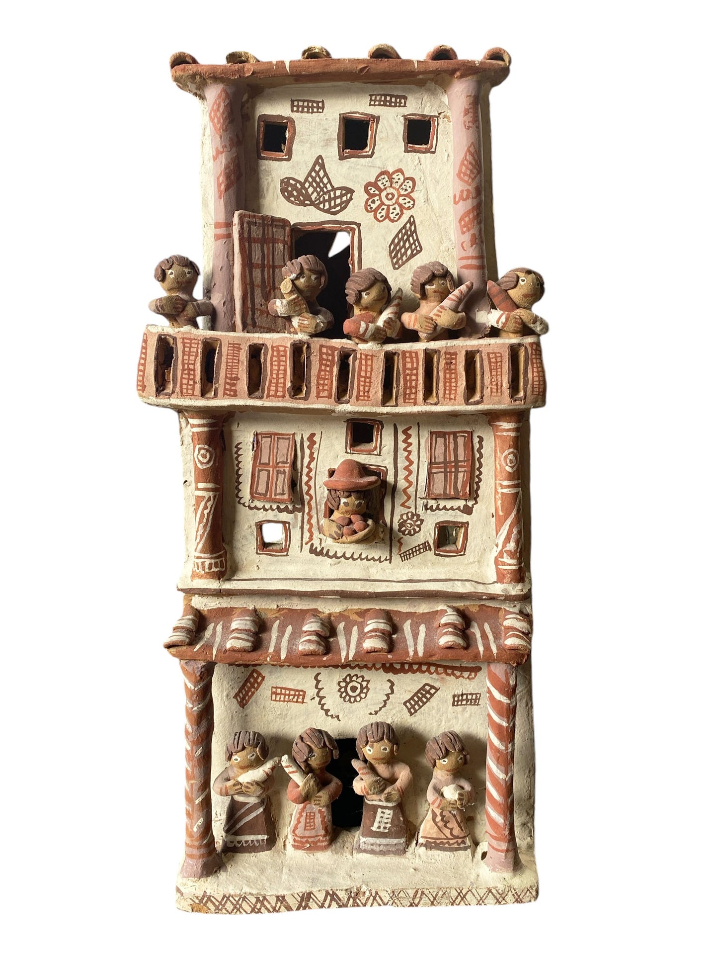 #6239 Vtg Peruvian Ayacucho Red Clay Terra Cotta Village House Building Peru Folk Art 17.5"H