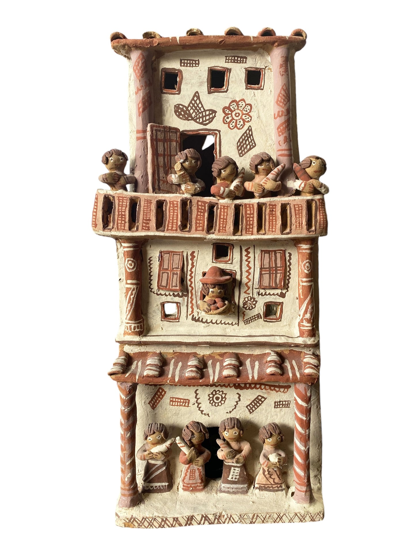 #6239 Vtg Peruvian Ayacucho Red Clay Terra Cotta Village House Building Peru Folk Art 17.5"H