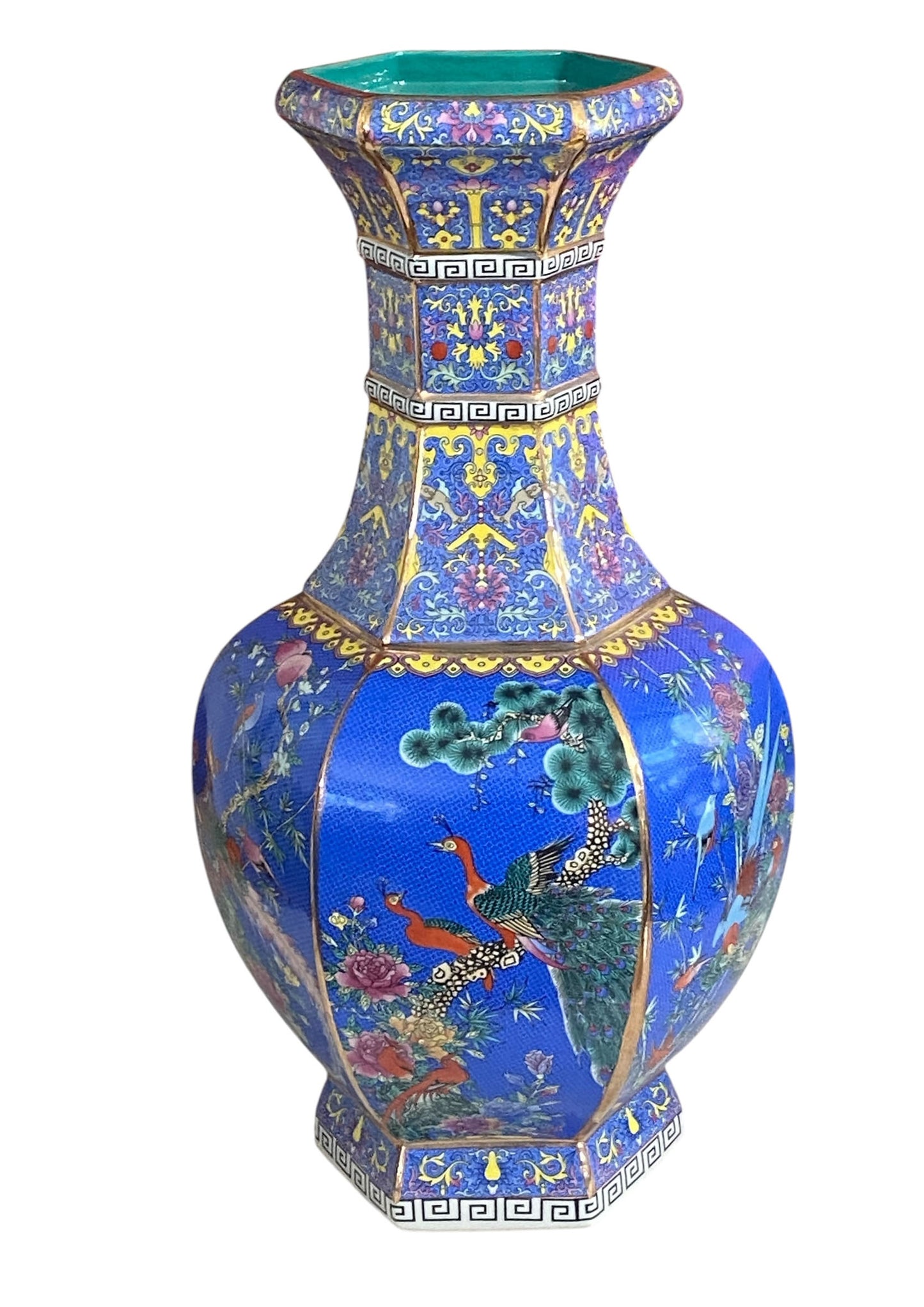 #3684 Chinoiserie Famille Rose Style  Hexagonal Shaped Vase 20.5" H