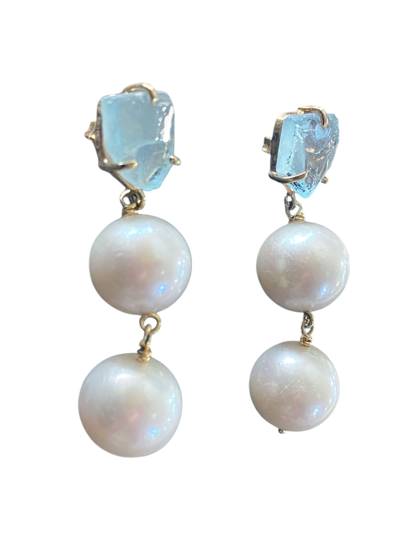 #127 Cultured Freshwater Pearl 10 mm Earrings with Blue Aqua Marine 18K Yellow Gold