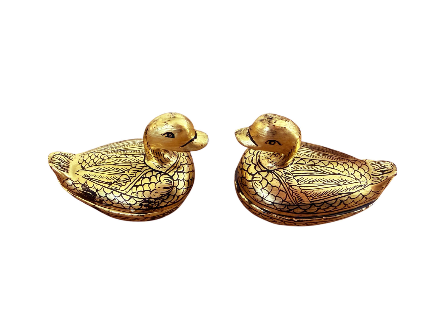#632 Vintage Burmese Gold Painted Wood Lacquered Ducks Trinket Boxes S/2