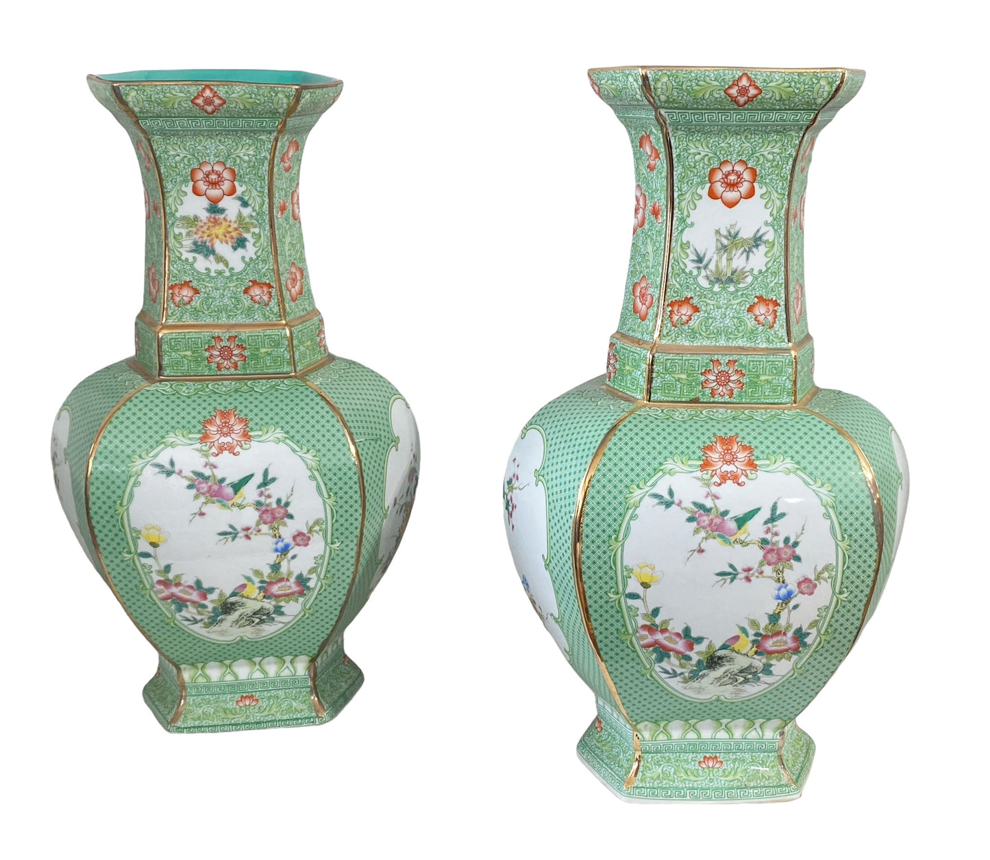 #7245 Chinoiserie Porcelain Famille Verte Style Vases 19.5" H Set Of Two