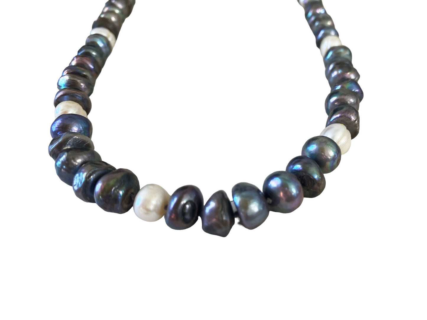 #6134 Vintage Black White Blue Grey 19.5" Long Freshwater Baroque Necklace Pearls