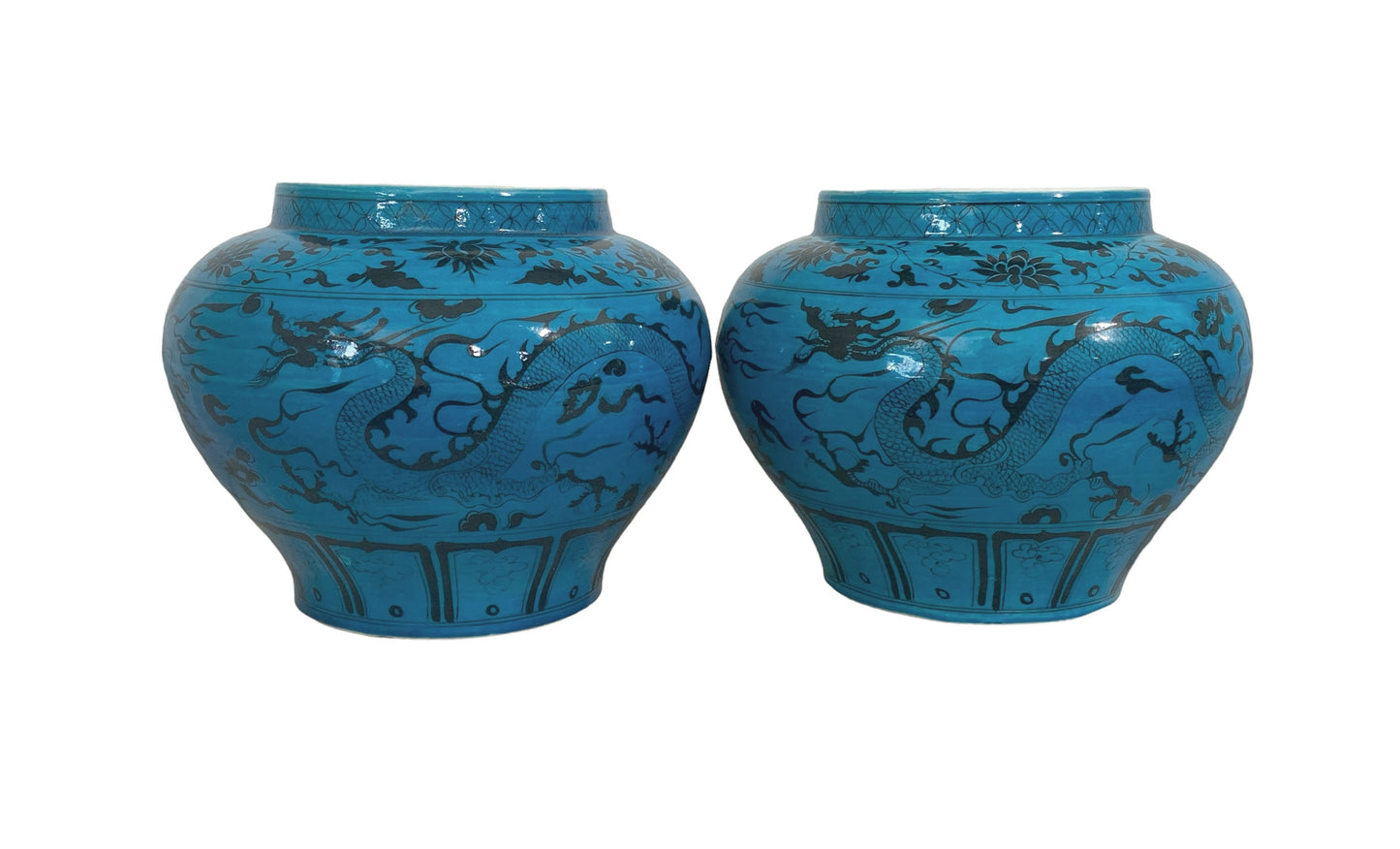 #4819 /6163 Chinese Turquoise Yuan Style  Vases/Cachepots W / Flying Dragons  11" H Set of two