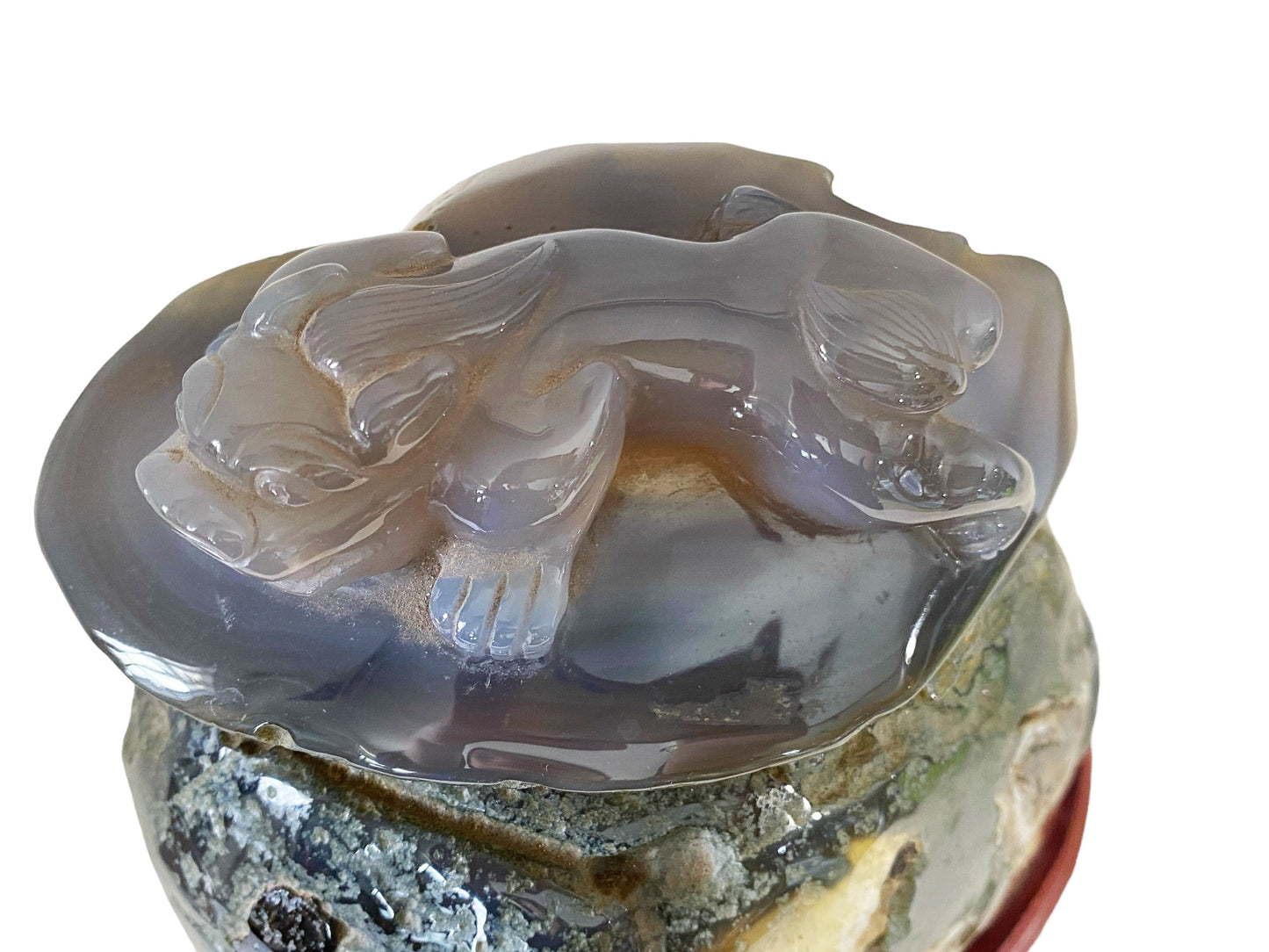 #6183  Smoky Carnelian Agate Stone with Foo Dog 8.75" h