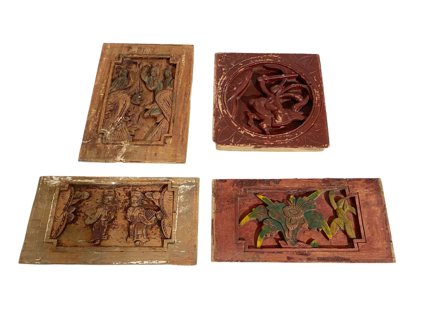 #570/68 Set of Four  Antique Chinese wall hanging Plaques Panels  /W Figures Warriors