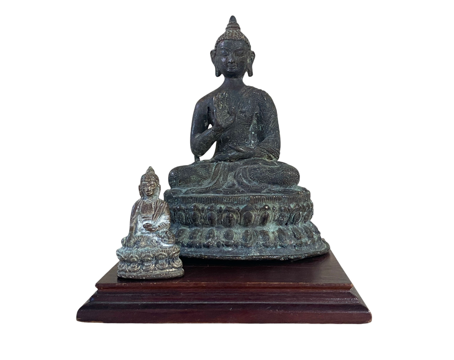 #6212 Set of Two Old Asian Bronze Buddha On Wooden Stand 6" H