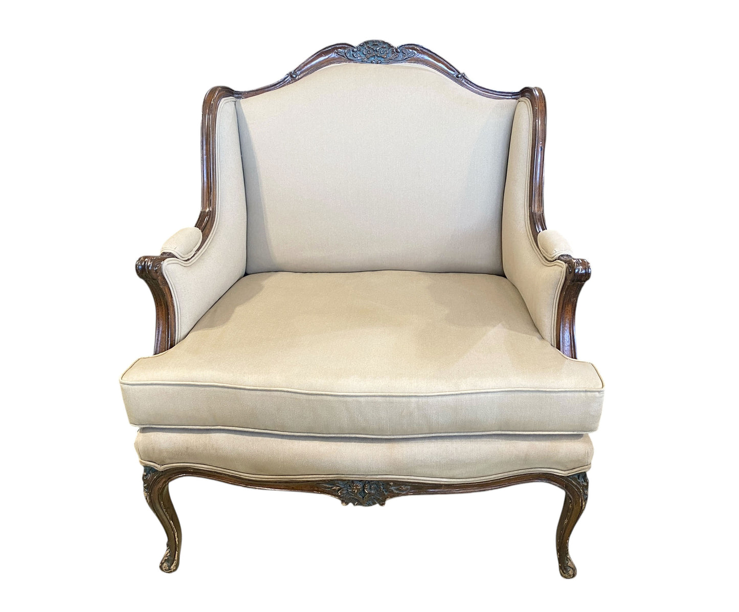 #6607 Vintage French Country Louis XV Style Carved Walnut  Bergere Lounge Chair