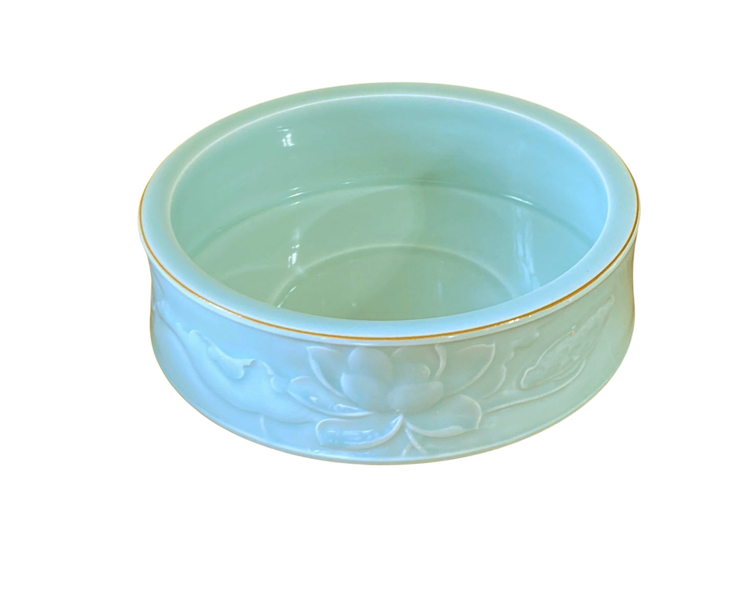 #135 Chinoiserie Hand Carved Celadon Bowl with Lotus Flower 10.25" D