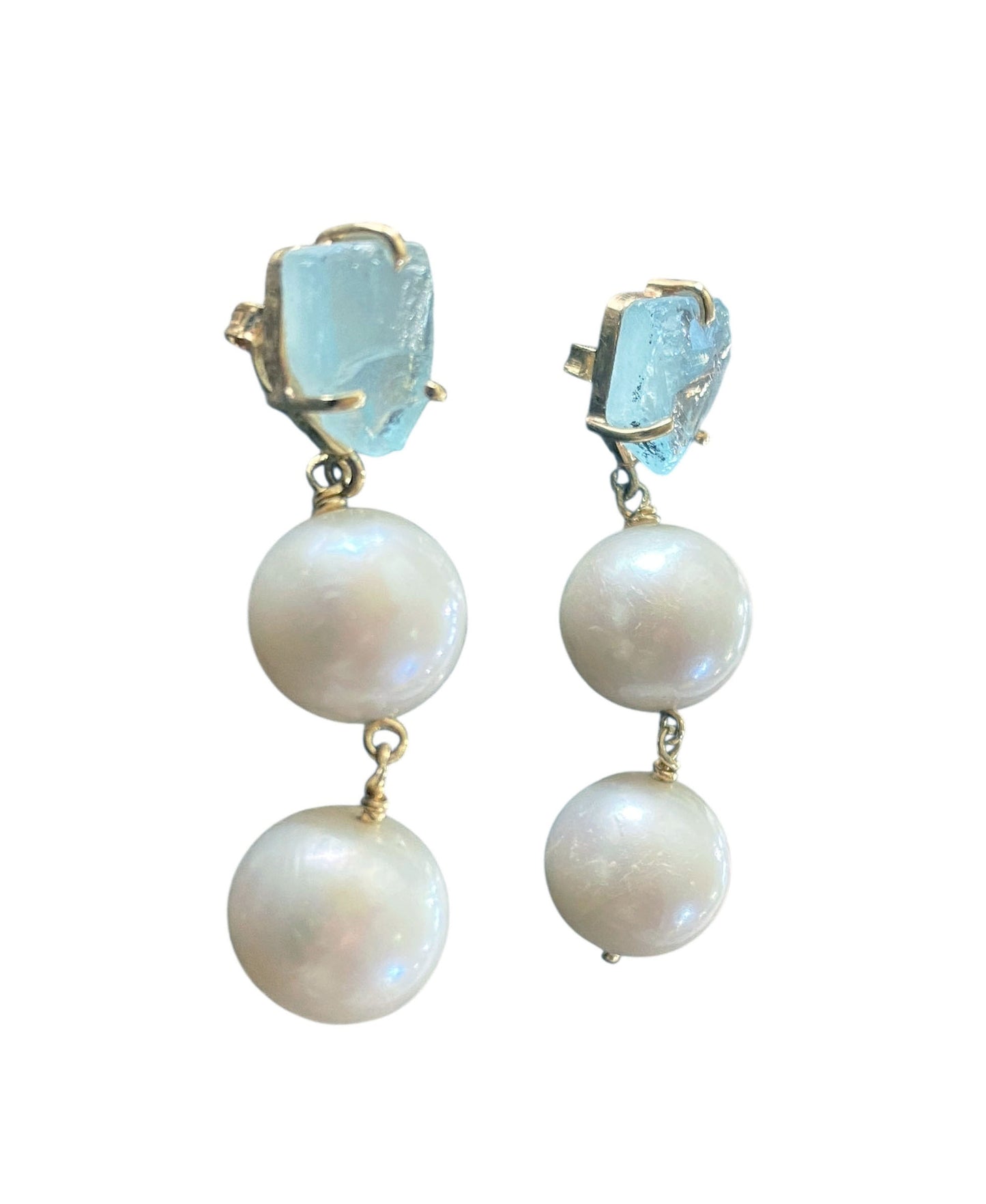 #127 Cultured Freshwater Pearl 10 mm Earrings with Blue Aqua Marine 18K Yellow Gold
