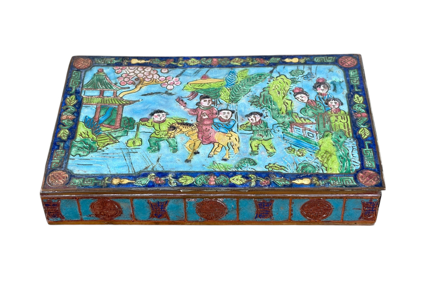 #633 Vintage Chinoiserie  Enamel Repousse on Brass Hinged Chinese Box