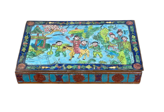 #633 Vintage Chinoiserie  Enamel Repousse on Brass Hinged Chinese Box