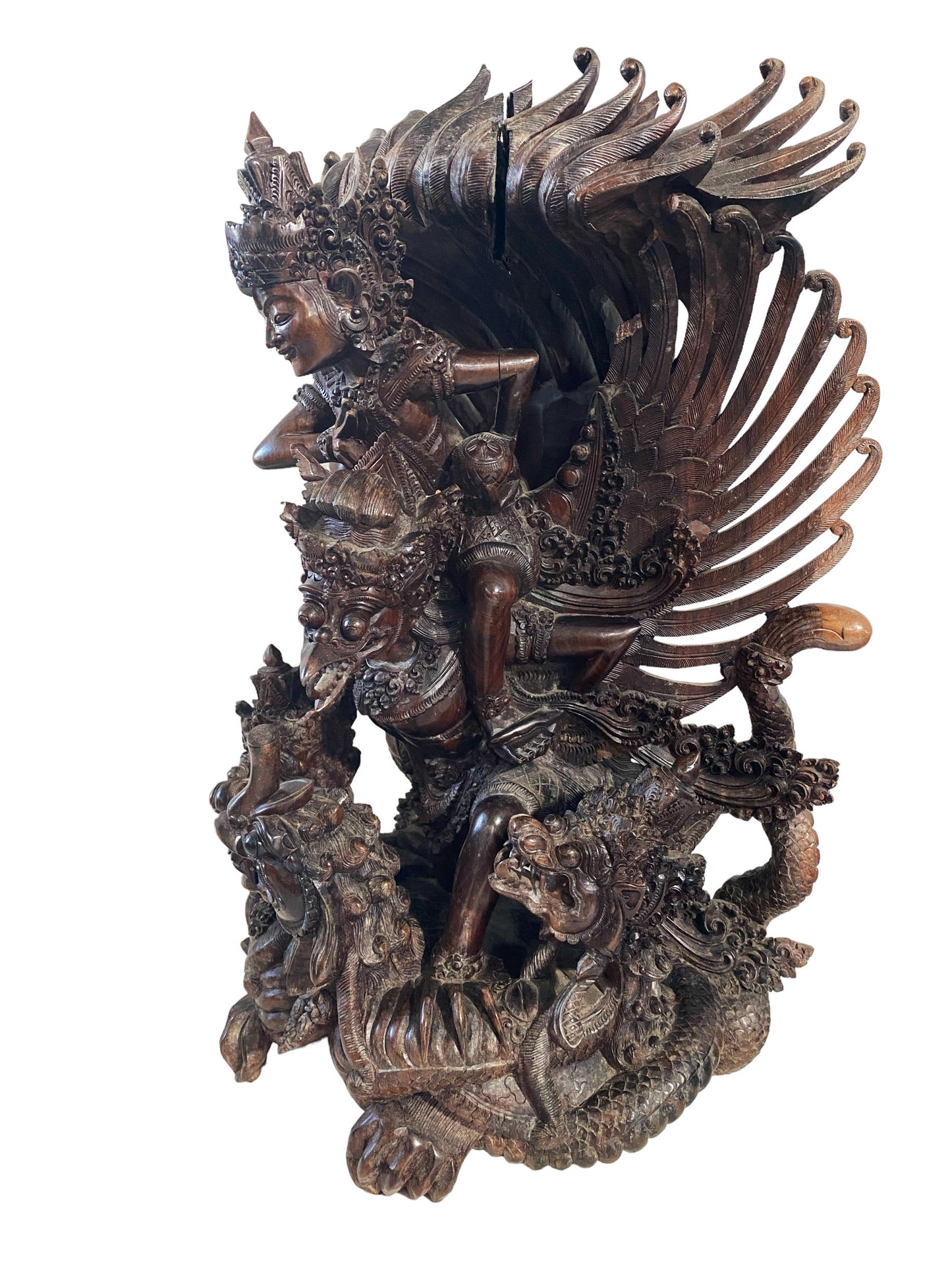#5920 Vintage  Hand carved Wood  Sculpture of  Lord Vishnu Riding Garuda 19" H