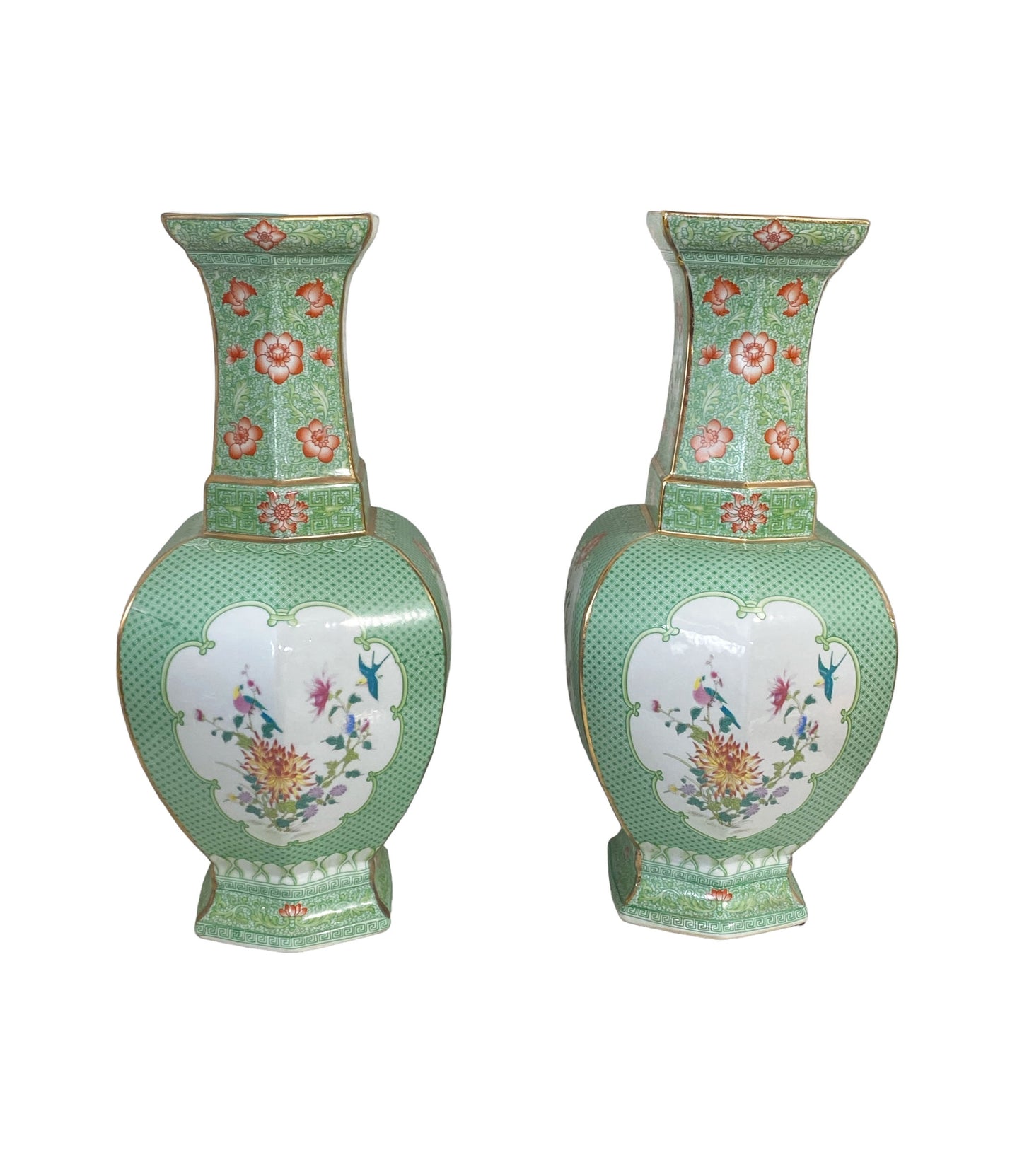 #7245 Chinoiserie Porcelain Famille Verte Style Vases 19.5" H Set Of Two