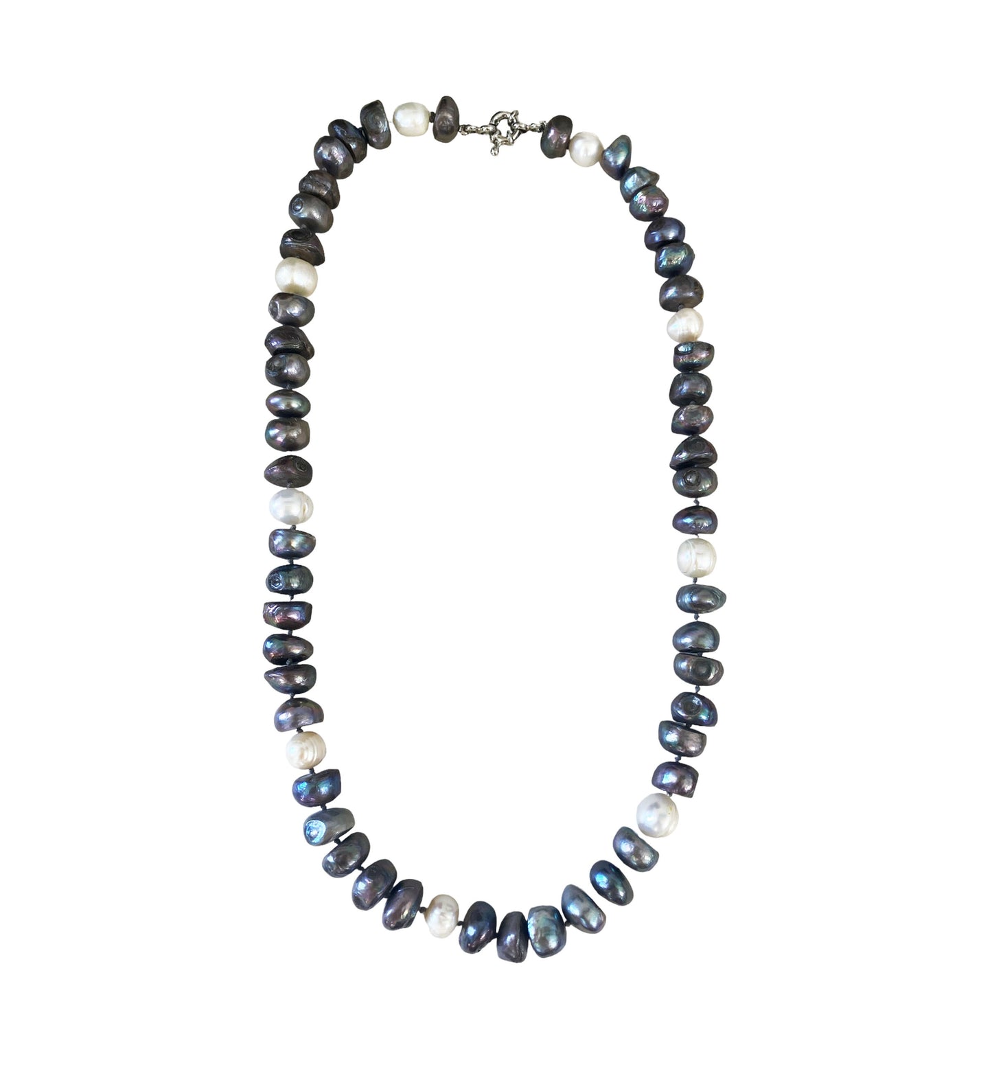 #6134 Vintage Black White Blue Grey 19.5" Long Freshwater Baroque Necklace Pearls