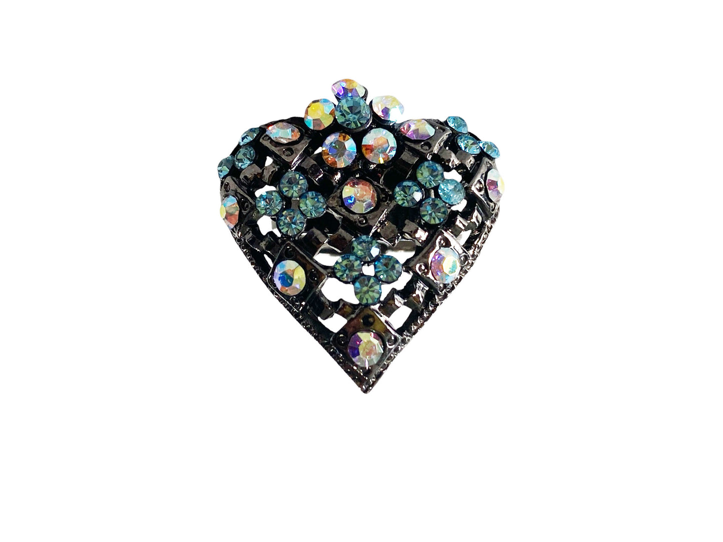 #6273 Vtg Resizable Heart Shape Ring w/Rhinestone Crystal  vibrant Aurora Borealis stones size 7.