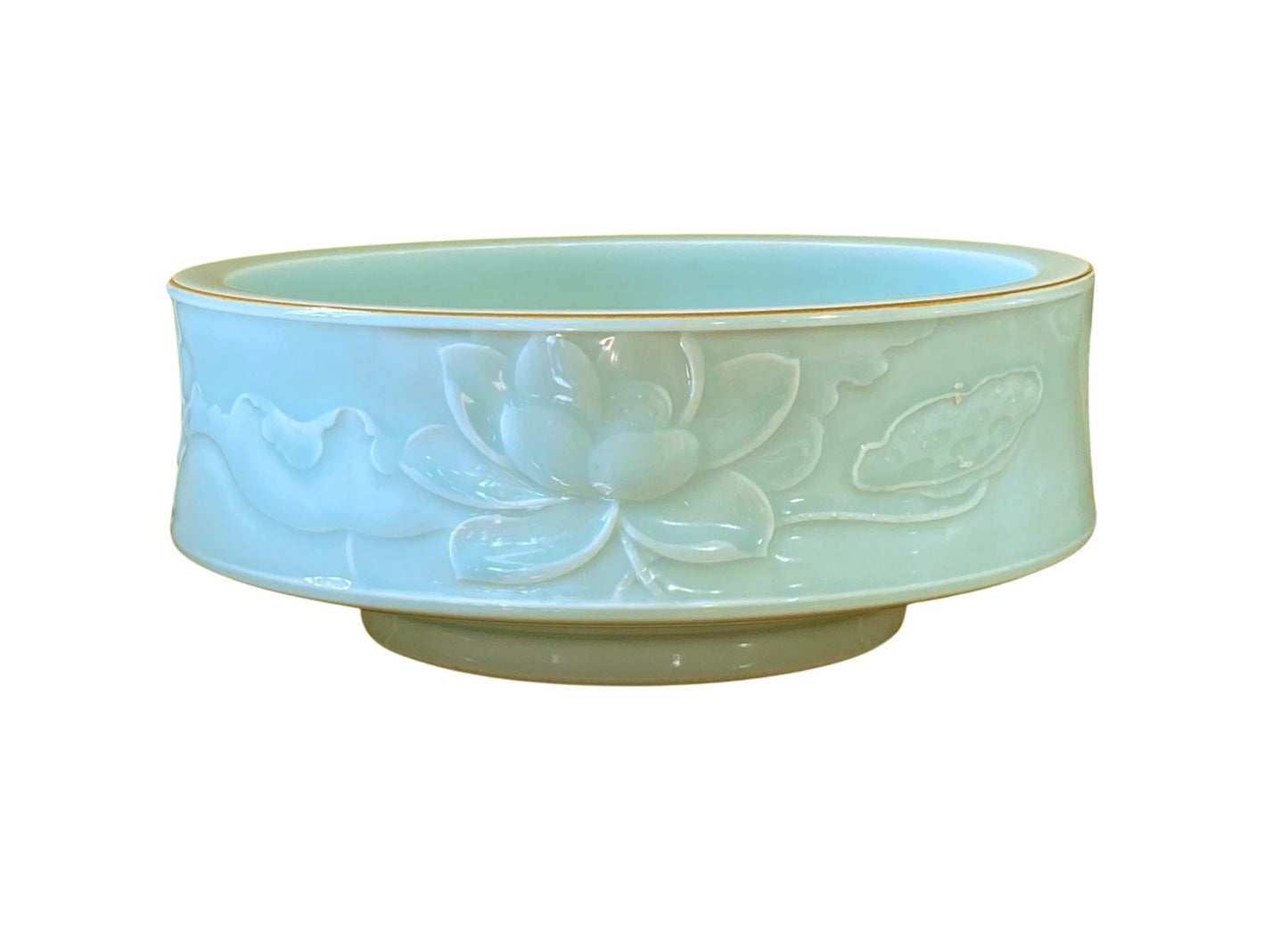 #135 Chinoiserie Hand Carved Celadon Bowl with Lotus Flower 10.25" D
