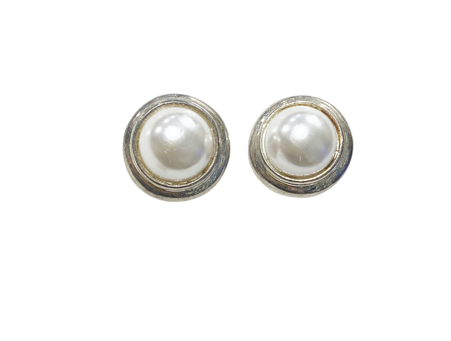 #80 Vintage Faux Pearl Earrings Round Shape Rhinestones Clip On white gold Tone