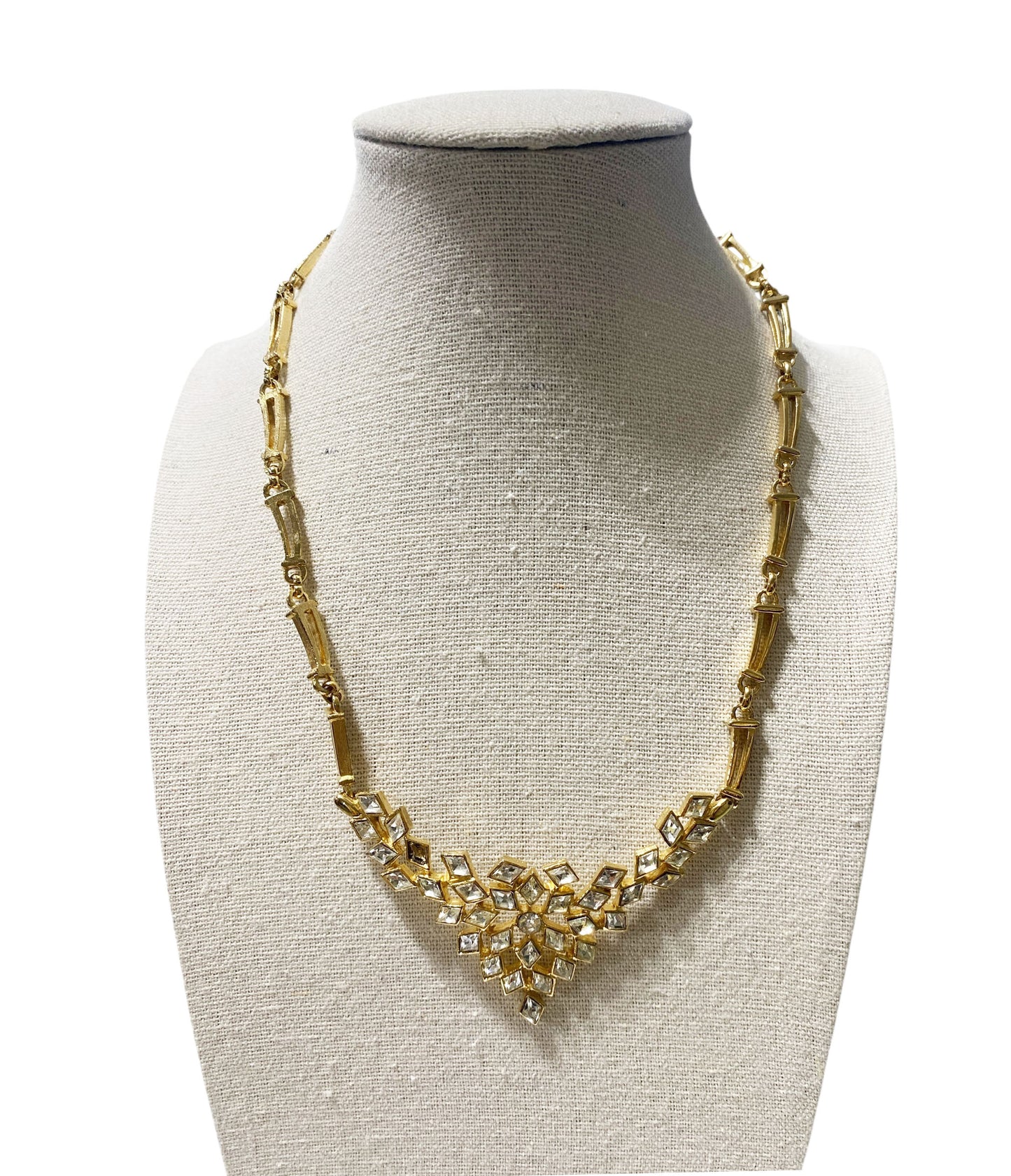 #23 Vintage Gold Tone Necklace with Faux  clear  Diamond Rhinestones