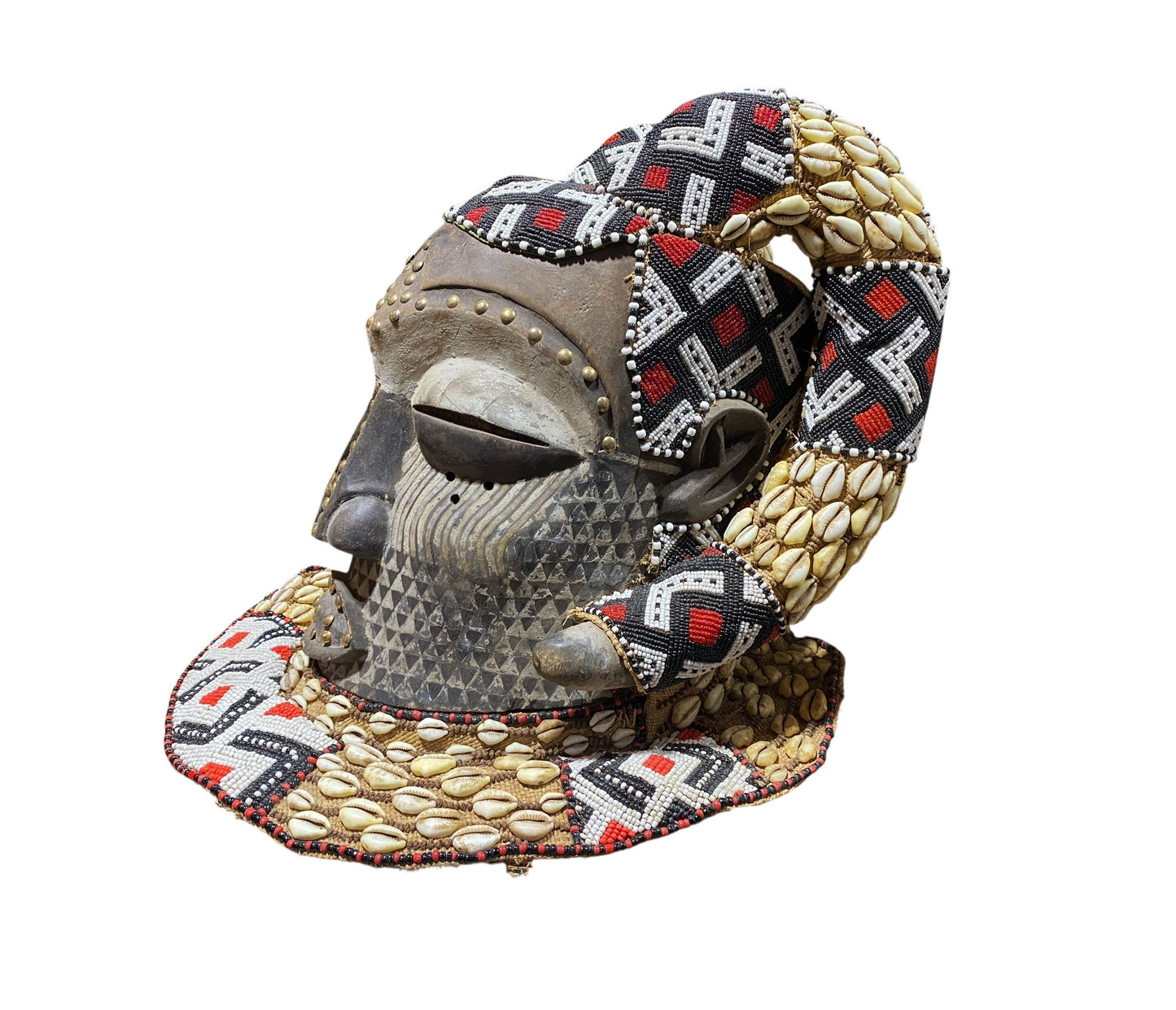 #681 Vintage Large African Tribal Kuba Royal Head Mask Congo 14" H