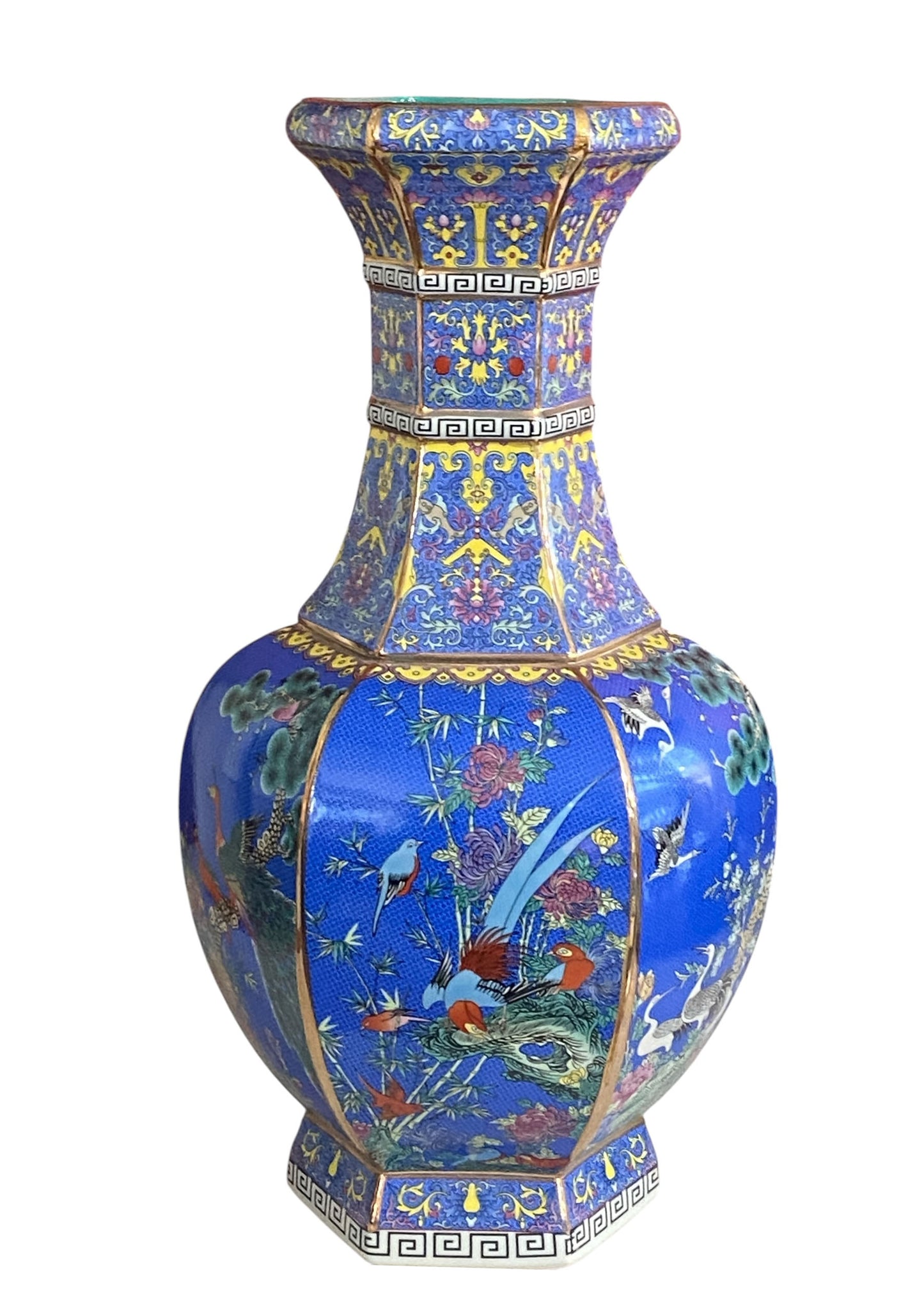 #3684 Chinoiserie Famille Rose Style  Hexagonal Shaped Vase 20.5" H