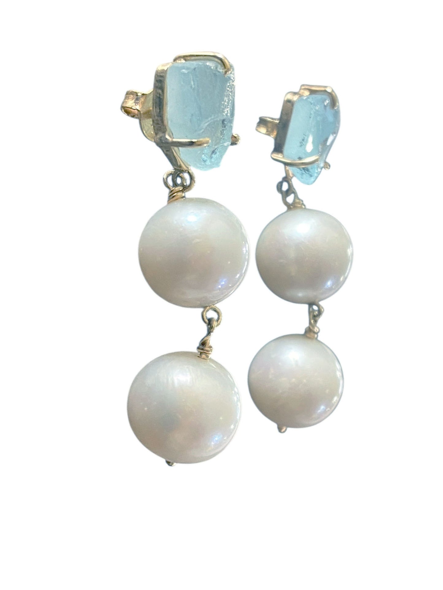 #127 Cultured Freshwater Pearl 10 mm Earrings with Blue Aqua Marine 18K Yellow Gold