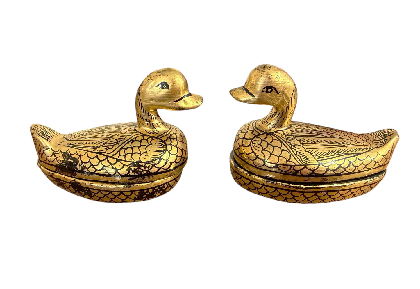#632 Vintage Burmese Gold Painted Wood Lacquered Ducks Trinket Boxes S/2