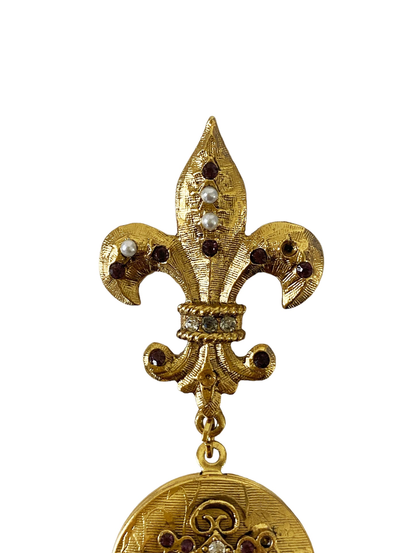 #5926 Vintage Fleur de Lys with Engraved Gold Tone Locket / Brooch /Pin 2.75" H