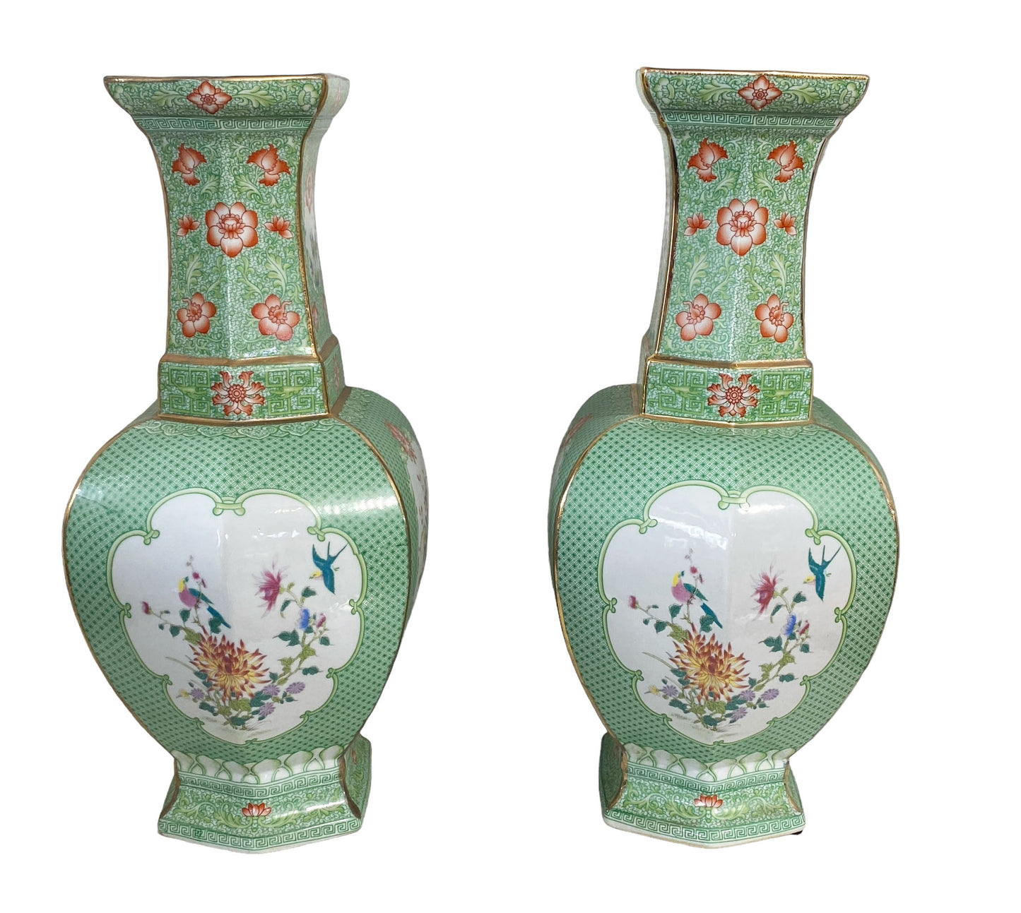 #7245 Chinoiserie Porcelain Famille Verte Style Vases 19.5" H Set Of Two