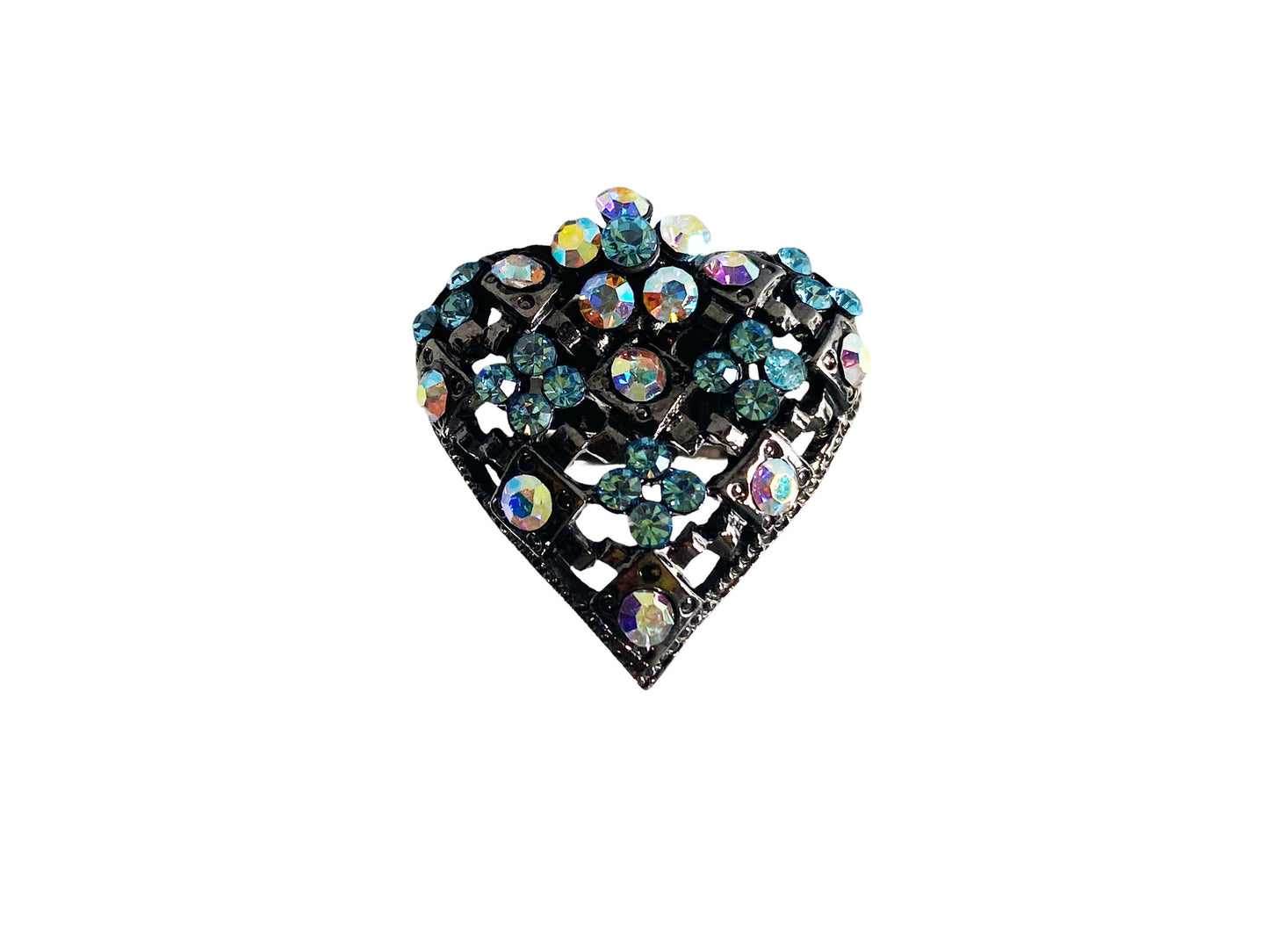 #6273 Vtg Resizable Heart Shape Ring w/Rhinestone Crystal  vibrant Aurora Borealis stones size 7.