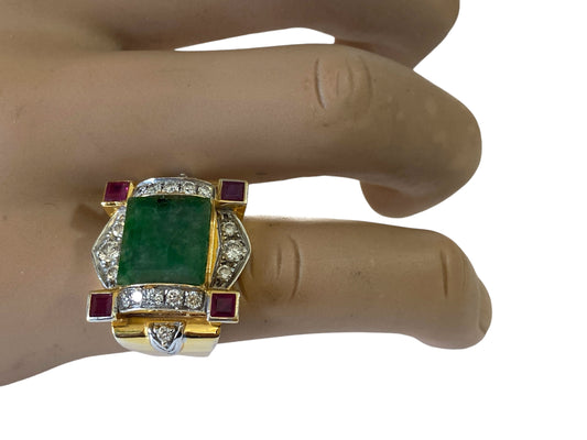 #6281 Art Deco 22K Gold ring w/jade /ruby/Diamond size 7