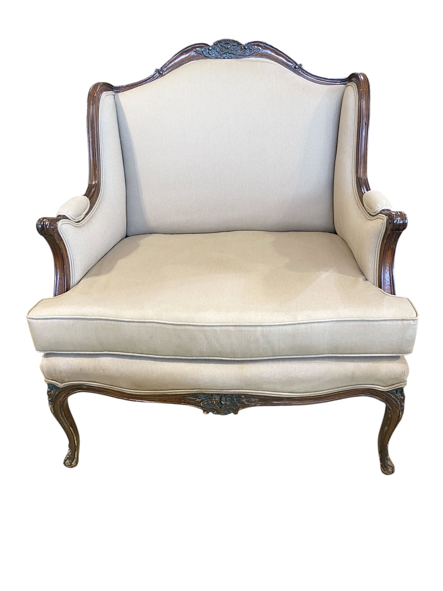 #6607 Vintage French Country Louis XV Style Carved Walnut  Bergere Lounge Chair