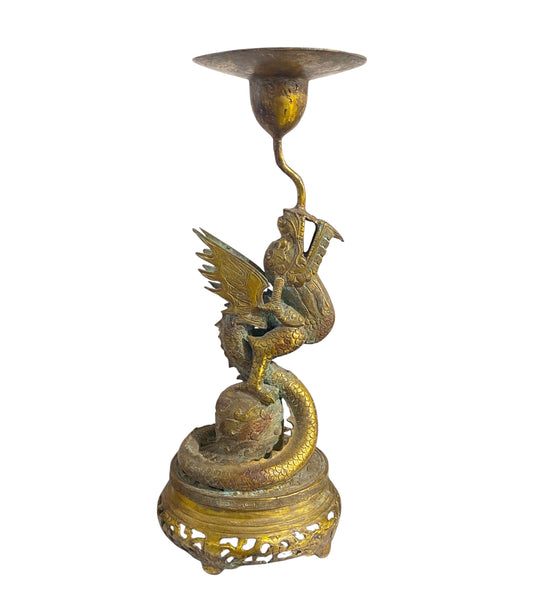 #6595 Vintage Chinoiserie Bronze Candle Holder With Dragon 17" H