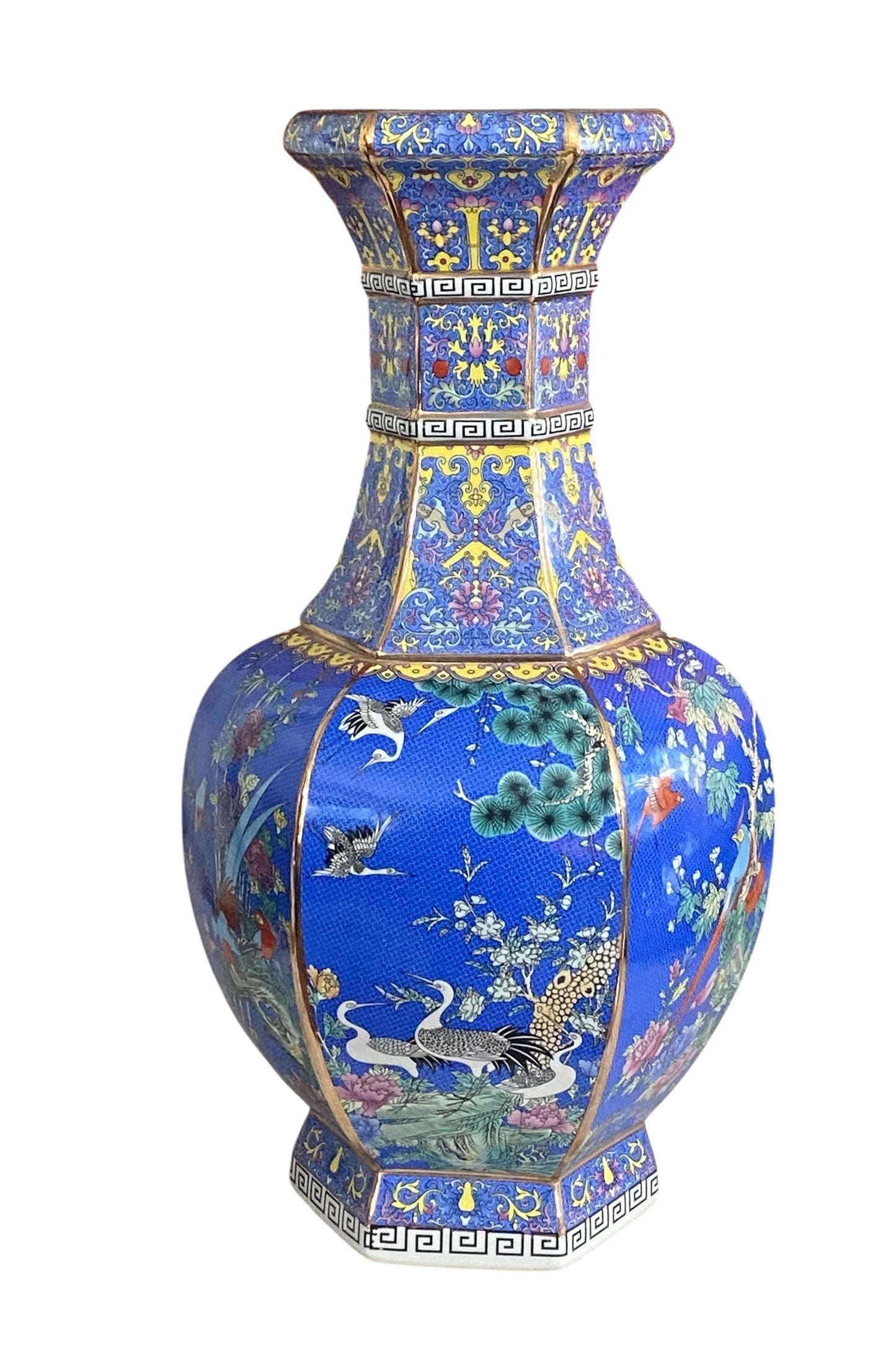 #3684 Chinoiserie Famille Rose Style  Hexagonal Shaped Vase 20.5" H