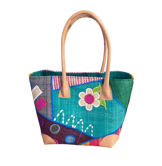 #98 Sewn & Embroidered Raffia /leather Tote Bag  Madagascar